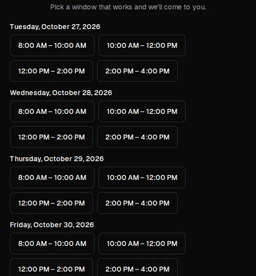 A TradesBackbone booking page listing open two-hour arrival windows across the next two weeks