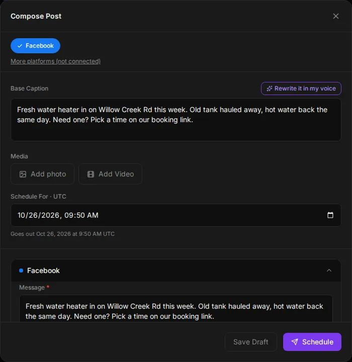 The SynthPrism post composer with a draft about a water heater swap, Facebook selected, a schedule time and Save Draft and Schedule buttons